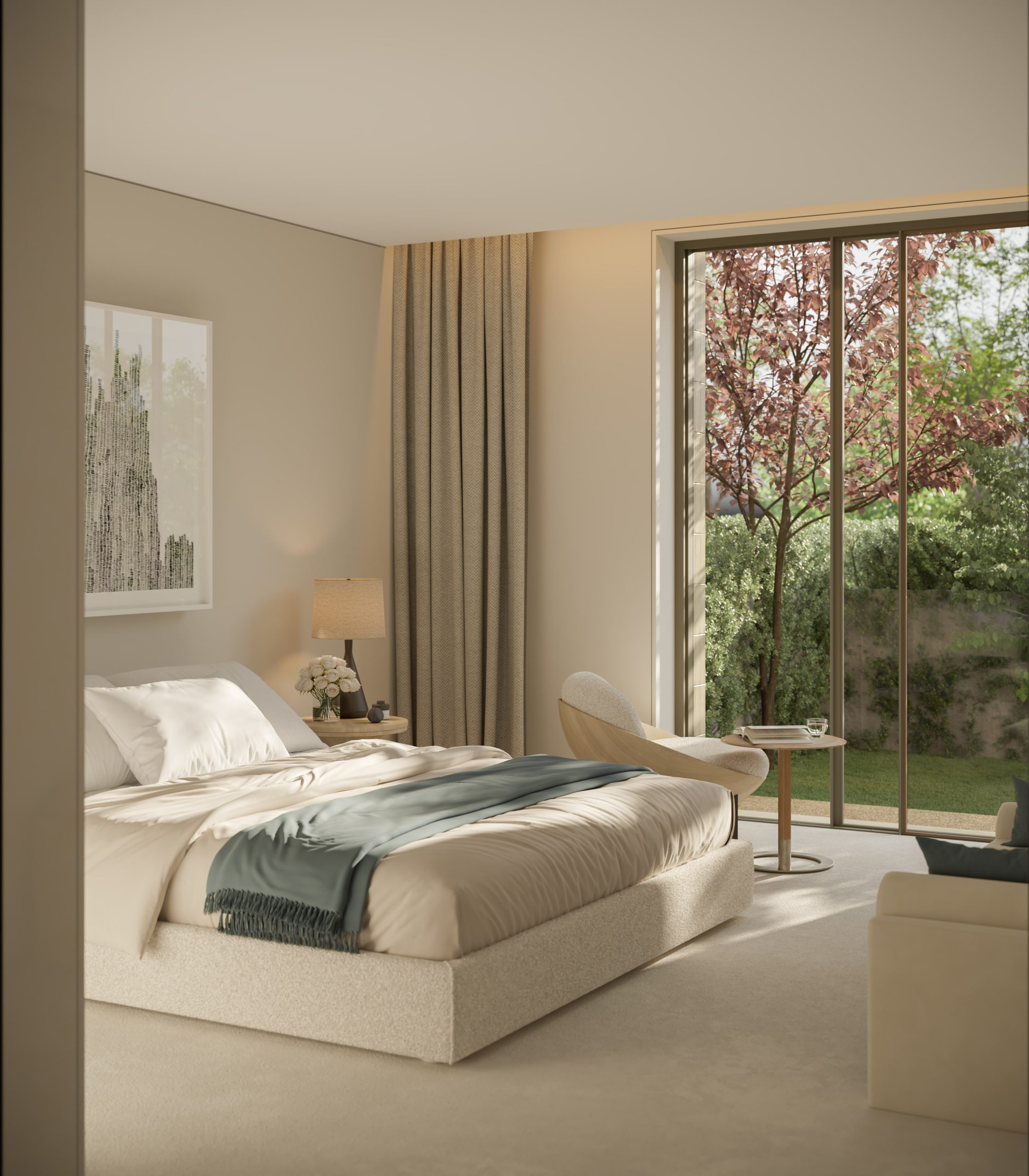 Quarto luminoso do empreendimento Foliage Foz do Douro, com design minimalista, grandes janelas e acesso direto a um jardim privativo, oferecendo tranquilidade.