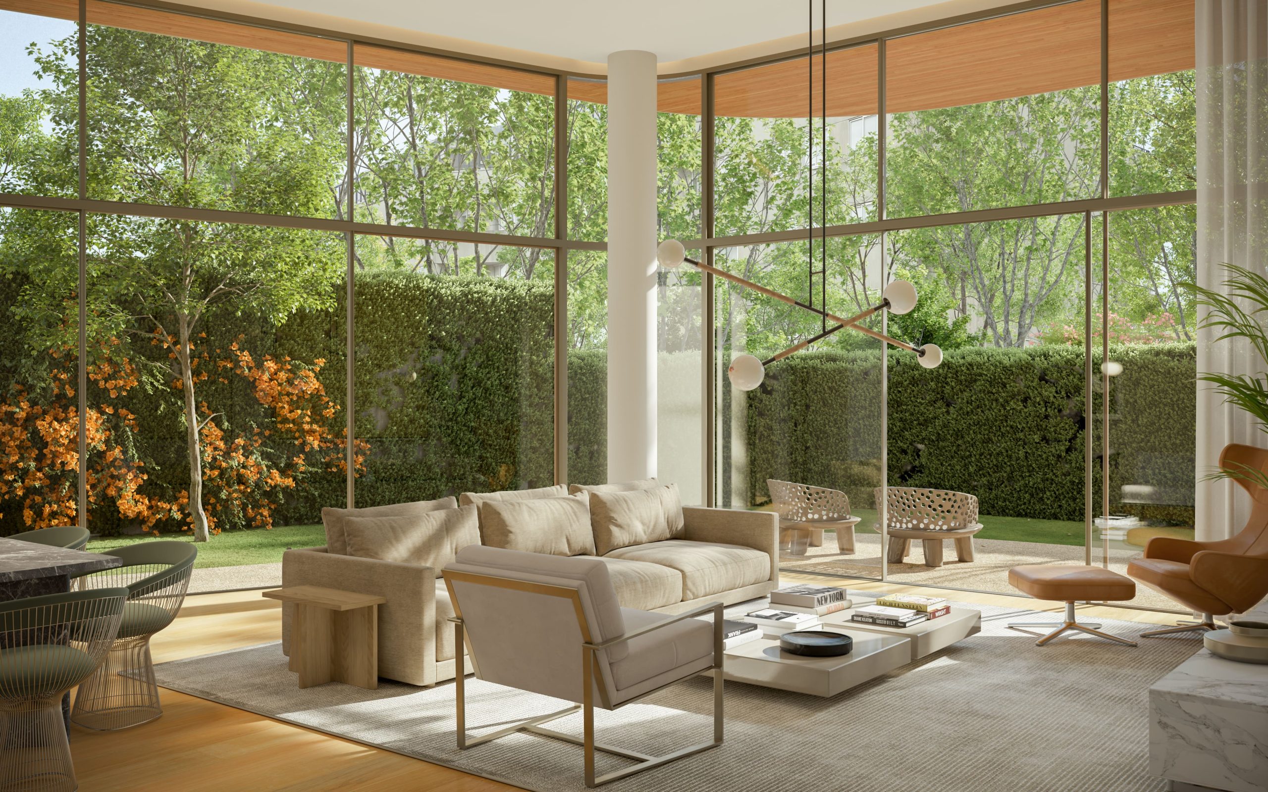 Ampla sala de estar do empreendimento Foliage Foz do Douro, com pé-direito alto, janelas panorâmicas para o jardim e design de interiores de luxo, maximizando a luz natural.